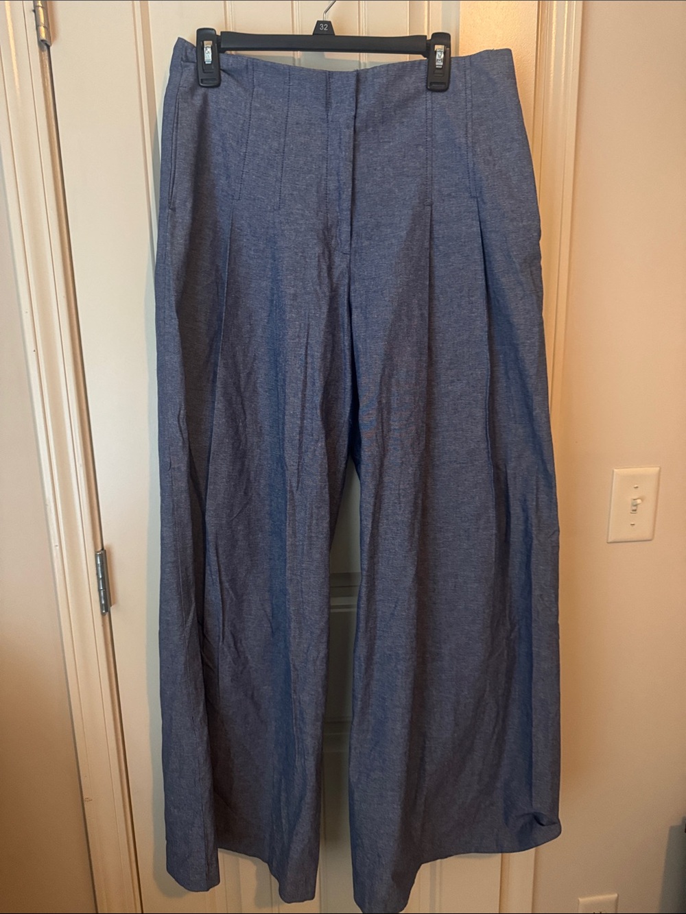 High-Rise Wide-Leg Pleated Pants in Chambray Blue